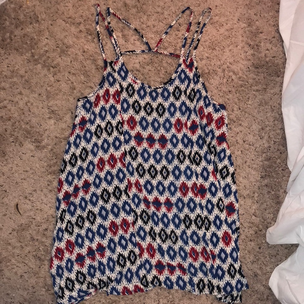 Red, blue, black, and white pattern dress
